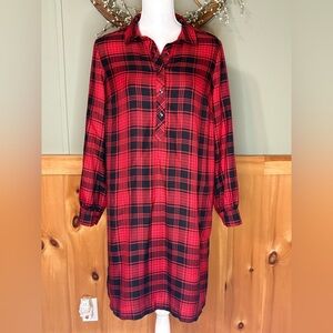 J JILL 1/3 Button Down Shirt Dress Red Black Plaid Pockets Lumberjack Chic Small